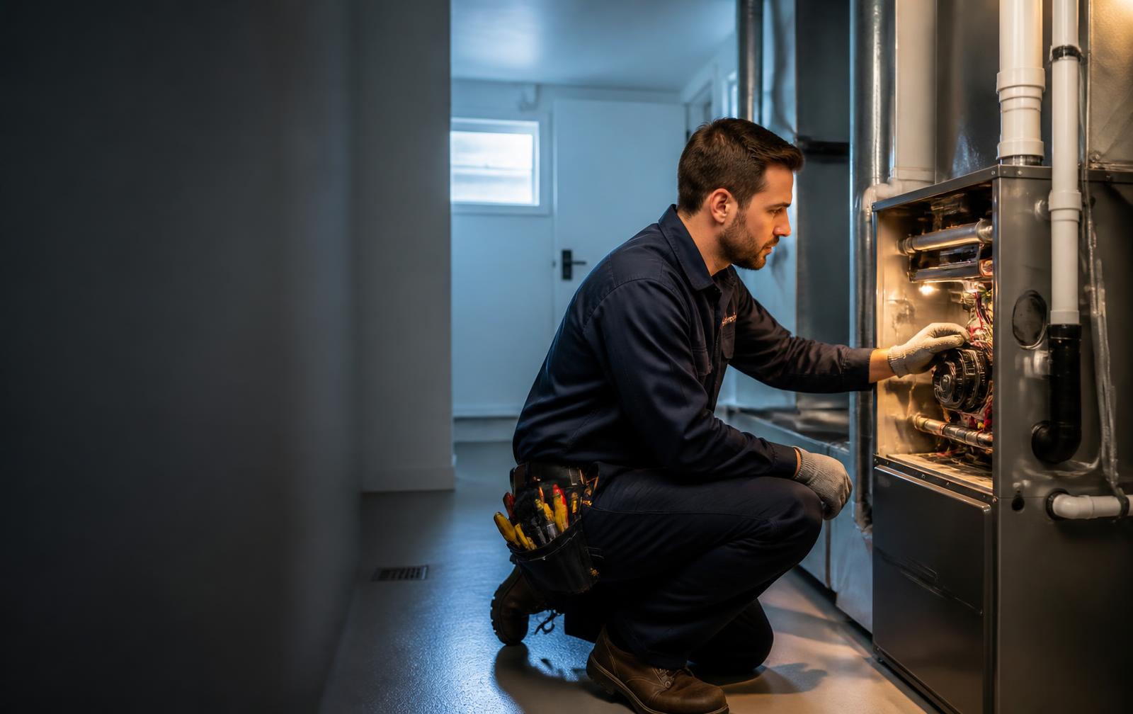 HVAC technician inspecting a modern home furnace